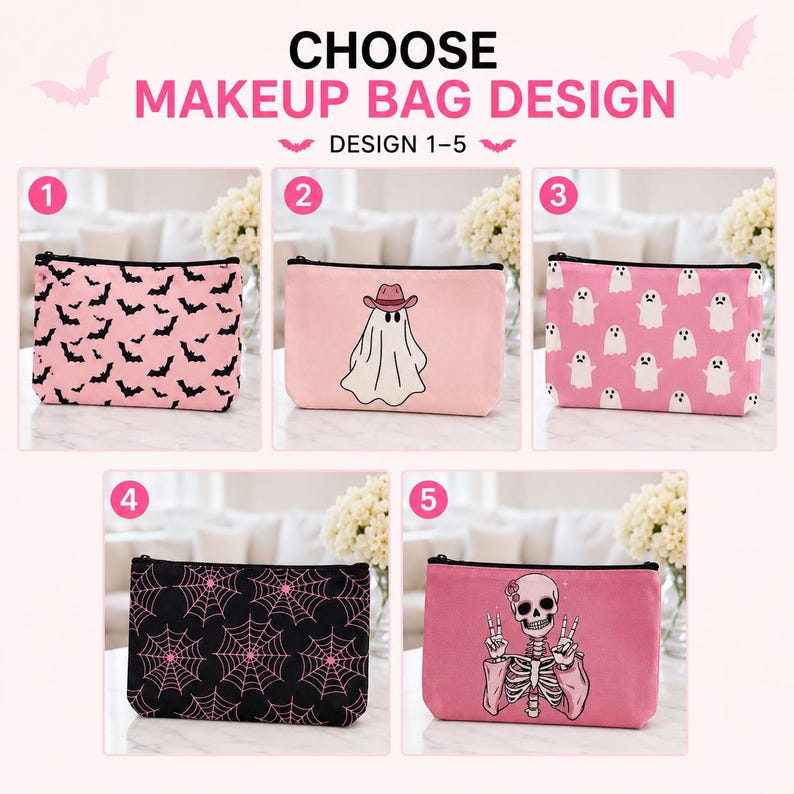 May include: Five rectangular makeup bags with black zippers. Design 1: pink with black bats. Design 2: light pink with a ghost wearing a pink cowboy hat. Design 3: pink with white ghosts. Design 4: black with pink spiderwebs. Design 5: pink with a skeleton.
