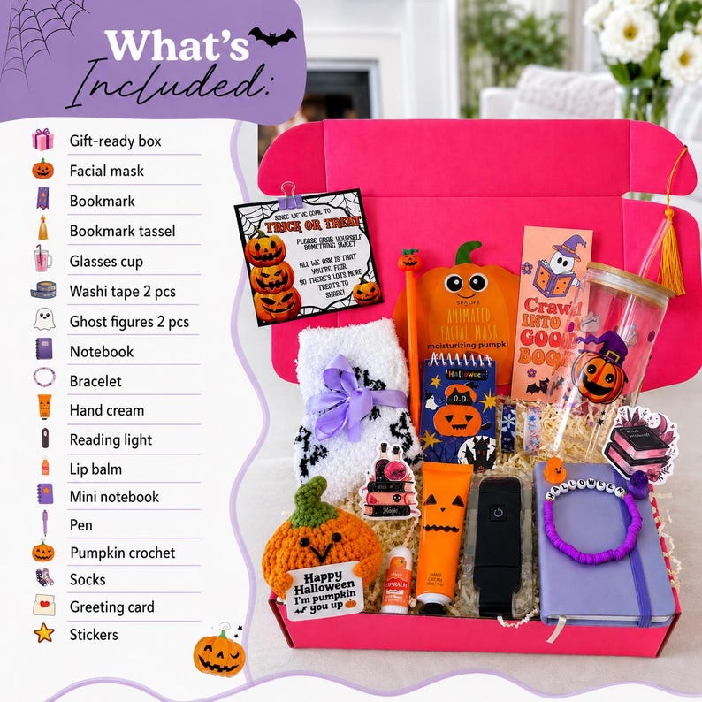 May include: A bright pink gift box containing a Halloween-themed collection including a crochet pumpkin, fuzzy white socks, a glass cup with a pumpkin print, a purple notebook, a beaded bracelet, hand cream, a reading light, and a pen.