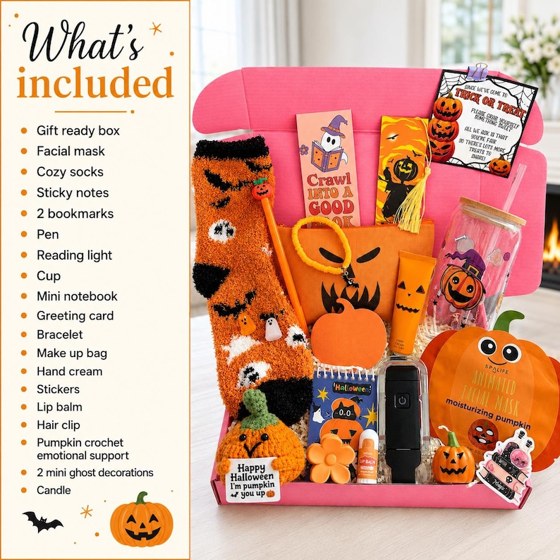 May include: A pink gift box filled with Halloween-themed items including orange fuzzy socks, a pumpkin-shaped crochet plush, a glass cup, a facial mask, a makeup bag, a reading light, bookmarks, a pen, lip balm, a hair clip, and a greeting card.