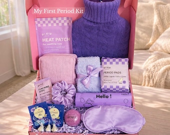 Första mens-kit för flickor 9-14, Mitt första mens-kit premium, Startkit för mens till tonåringar, Gåva till dotter, Självvårdsbox för tonåringar, Gåva till henne