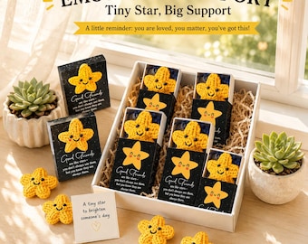 May include: A box set of yellow crocheted star-shaped gifts with smiling faces. The box contains several stars in individual black boxes with the text "Good Friends". The image also includes the text "EMOTIONAL SUPPORT" and "Tiny Star, Big Support".