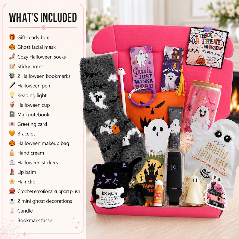 May include: A pink gift box containing Halloween-themed items including fuzzy gray ghost socks, a glass cup with a bamboo lid, a black makeup bag with a jack-o'-lantern face, a ghost facial mask, a black reading light, a crochet cat plush, and stationery.
