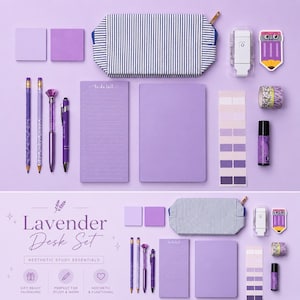May include: A lavender desk set with aesthetic study essentials. The set includes a striped pencil case, notepad, notebook, pens, pencils, sticky notes, tape, a label maker, and a lavender-scented spray. The text on the image says "Lavender Desk Set".
