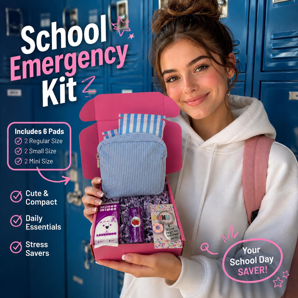 SCHOOL EMERGENCY KIT for Teen Girls, Middle School Survival Kit, Backpack Essentials Pouch, First Period Kit, Locker Gift for Tween Girls