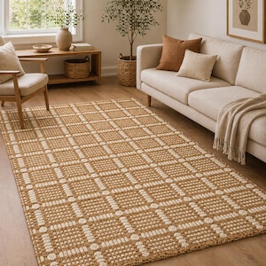 Alfombra de lana tejida a mano con diseño de bucles y cuadros, alfombra tejida en marrón natural y marfil, alfombra de estilo rústico para sala de estar, alfombra para dormitorio, alfombra geométrica moderna para el suelo.