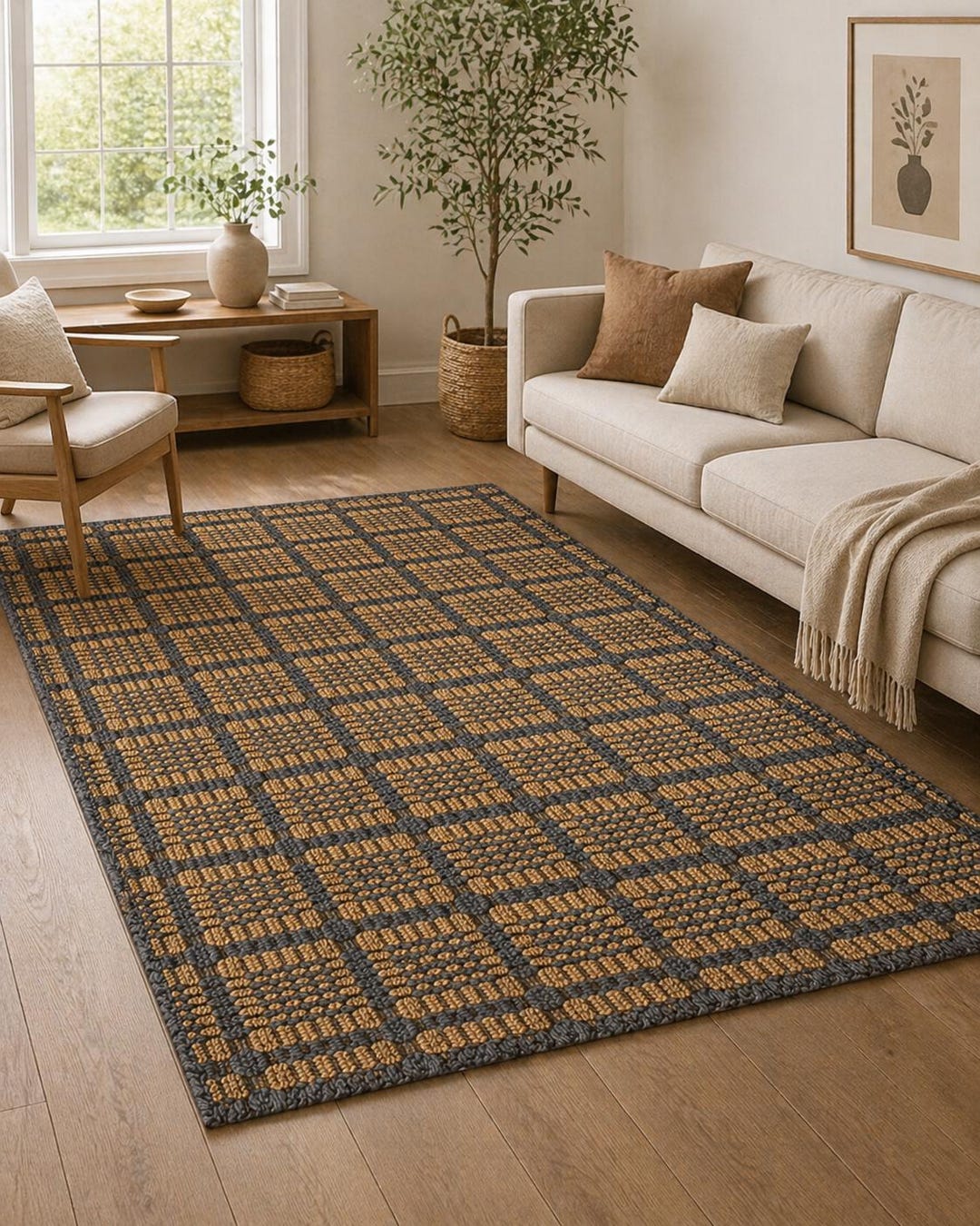 Modern Handwoven Wool Checkered Area Rug, Geometric Grid Pattern Carpet ...
