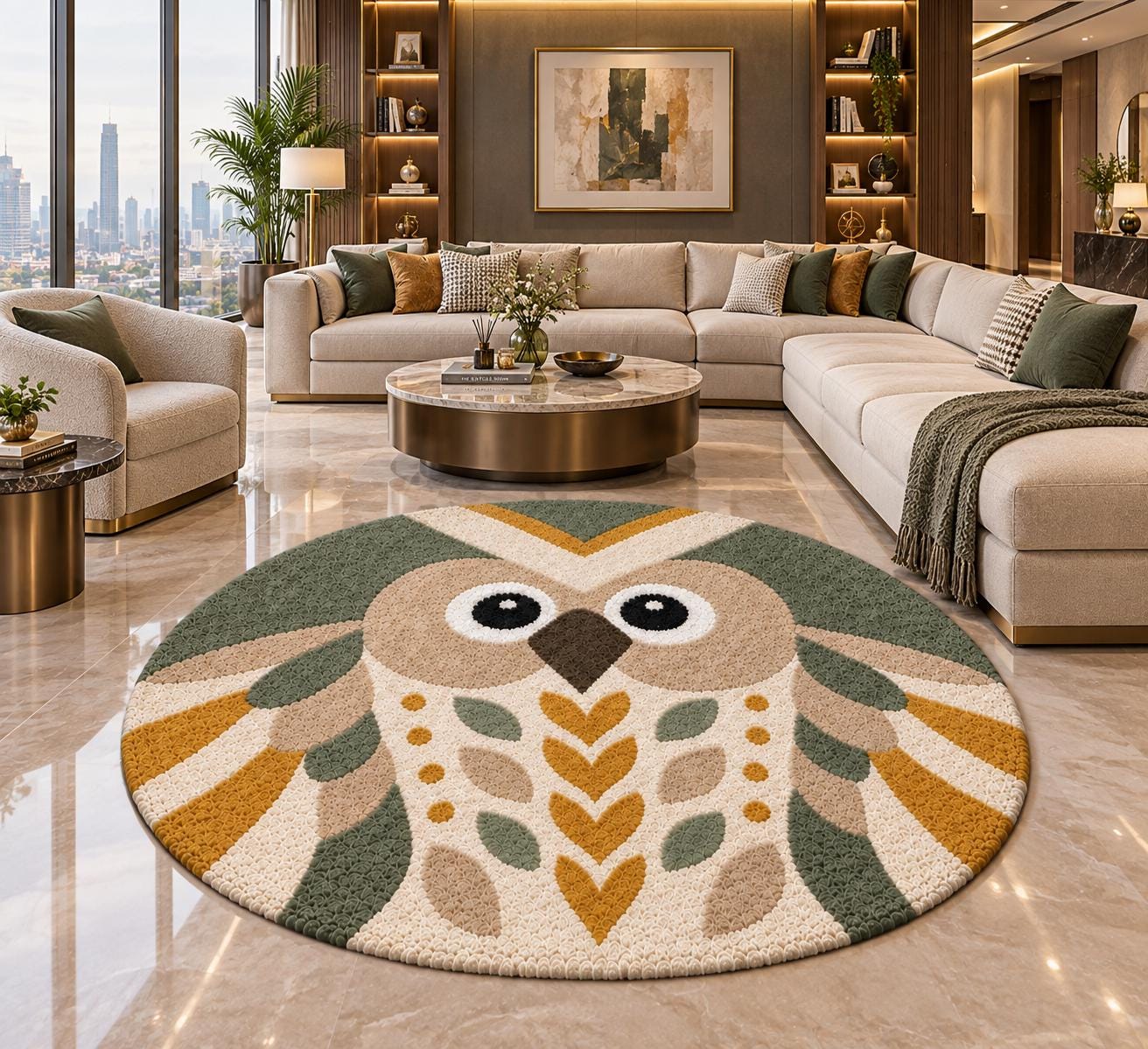 Hand Tufted Wool Owl Rug, Round Animal Rug, Boho Nursery Decor, Kids Room Rug, Nature Inspired Home 