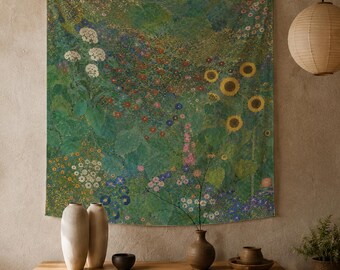 Vintage turkosgrön botanisk gobeläng, japansk Wabi Sabi väggbonad, abstrakt dekor med vildblomsäng, solrosträdgård sovrumsväggkonst