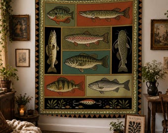 Mountain Fish Tapestry, Vintage Fishing Chart Wall Hanging, Trout Bass Cabin Wall Art, Rustic Lake House Decor Gift for Dad Fisherman