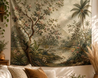Vintage tropisk landskapsgobeläng, Chinoiserie blommig väggbonad, palmträdsjö väggkonst, botanisk bohemisk sovrumsdekoration, present till henne