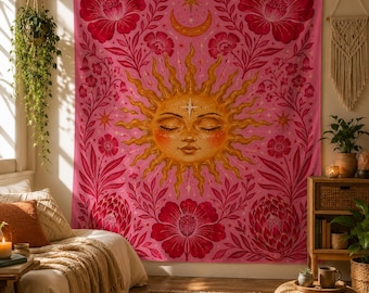 Pink Sun Tapestry, Celestial Floral Wall Hanging, Boho Sun and Moon Wall Art, Coquette Bedroom Dorm Apartment Decor, Witchy Gift for Her