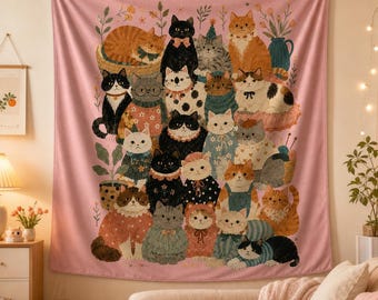 Söt kattväggtapet, Cottagecore kattrumsdekor, vintage blommig kattälskarepresent, rosa väggbonad för sovrum, mysig studentrumskonst, kattmammapresent