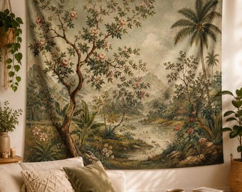Vintage tropisk landskapsgobeläng, Chinoiserie blommig väggbonad, palmträdsjö väggkonst, botanisk bohemisk sovrumsdekoration, present till henne
