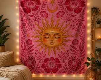 Pink Sun Tapestry, Celestial Floral Wall Hanging, Boho Sun and Moon Wall Art, Coquette Bedroom Dorm Apartment Decor, Witchy Gift for Her