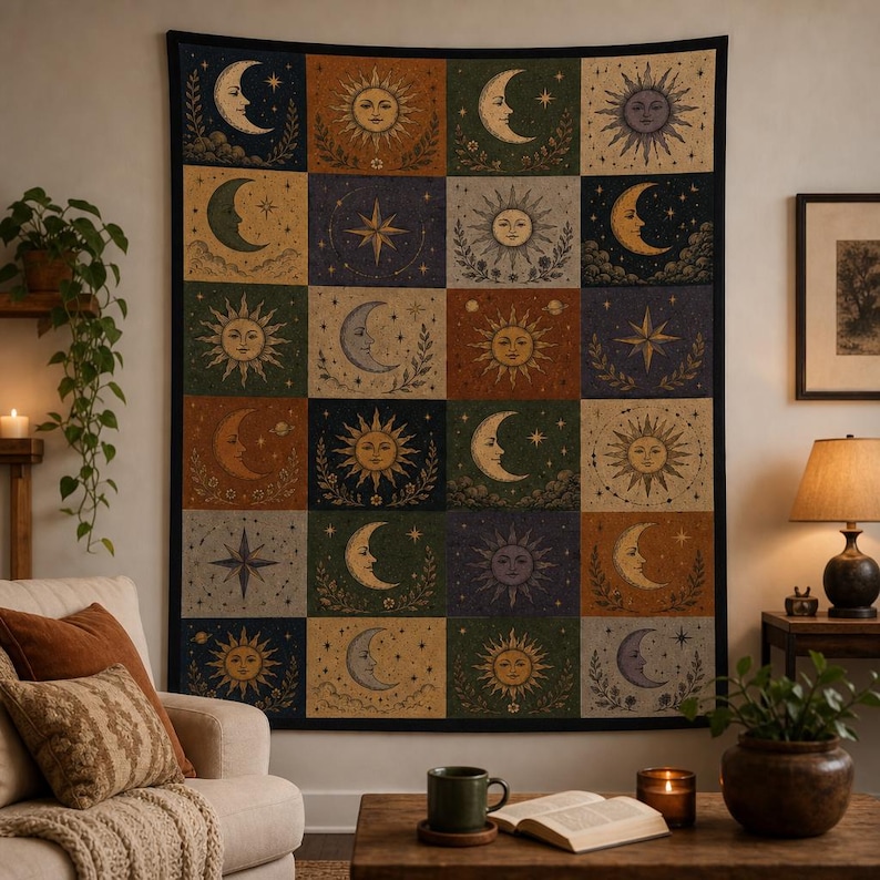 May include: A large tapestry featuring a celestial design with suns, moons, and stars in a grid pattern. The artwork uses a palette of earthy tones, including greens, oranges, and blues, creating a vintage aesthetic. The tapestry is framed with a black border.