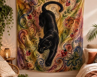 Svart panter-gobeläng, bohemisk blommig vildkatt-väggbonad, stugfärgad nyckelpiga-dekor, gotisk djungelkonst, eklektisk rumsdekor, present till henne, konst