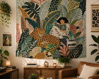 Gobeläng med leopardmotiv och läsande flicka, bohemisk djungelgobeläng, tropisk botanisk väggbonad, bohemisk sovrumskonst, mysig naturgobeläng, zenrumsdekor