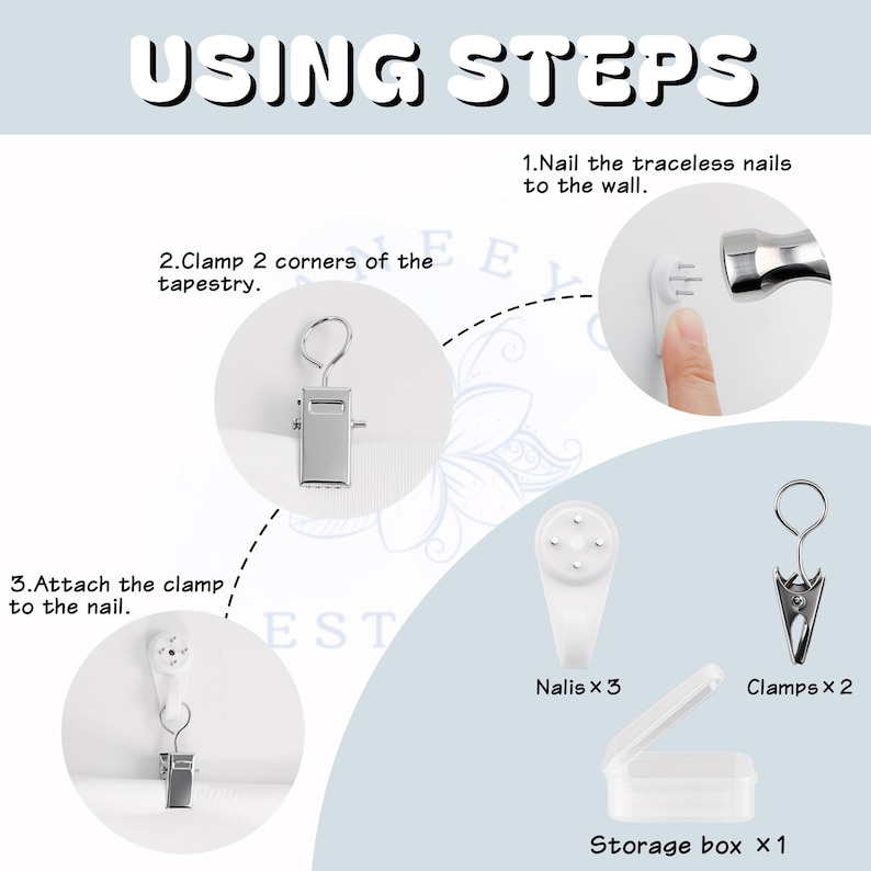 May include: Diagram showing the steps for hanging a tapestry. The image includes traceless nails, clamps, and a storage box. Text reads "USING STEPS" and details the process: nail the nails, clamp the corners, and attach the clamp to the nail.