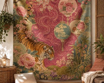 Chinoiserie Tiger Gobeläng, Vintage Asiatisk Blommig Väggbonad, Rosa Pion Lykta Dekor, Boho Maximalistisk Sovrum Studentrum Väggkonst Gåva till henne