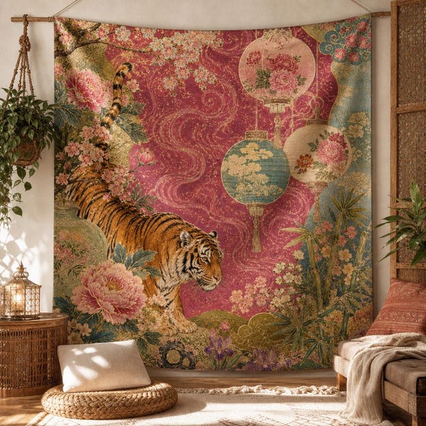 Chinoiserie Tiger Tapisserie, Vintage asiatisches Blumen Wandbehang, rosa Pfingstrose Laterne Dekor, Boho Maximalist Schlafzimmer Wohnheim Kunst Geschenk für Sie