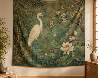 Vintage trantapet, väggbonad med lotusdamm, asiatisk botanisk väggkonst, grön chinoiserie-naturdekor, zen-sovrumsdekor i studentrummet, present