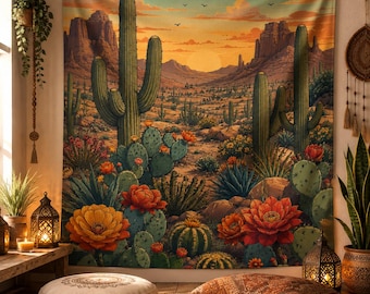Gobeläng med ökenkaktus, väggbonad med sydvästlig solnedgång, väggkonst med saguarolandskap, boho västerländsk sovrumsdekor, Arizona heminredningsgåva