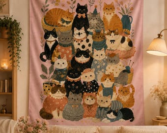 Söt kattväggtapet, Cottagecore kattrumsdekor, vintage blommig kattälskarepresent, rosa väggbonad för sovrum, mysig studentrumskonst, kattmammapresent