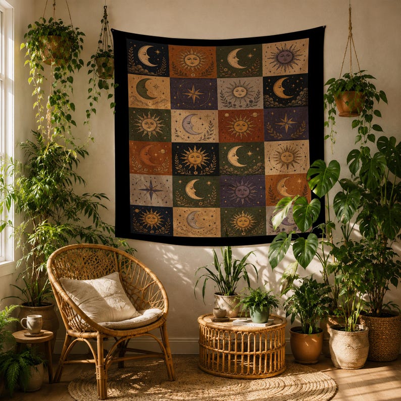May include: A tapestry with a celestial design featuring suns, moons, and stars in a grid pattern. The tapestry is framed in black and hangs on a white wall. The room is decorated with plants, a wicker chair, and a small round table.