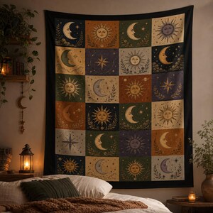 Gobeläng med lapptäcke, vintage astrologi, väggbonad med bohemisk häxig rumsdekor, mystiska stjärnor, sovrum, studentrum, väggkonst, mörk gobeläng bild 2