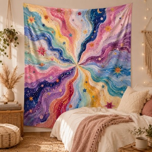 May include: A rectangular wall tapestry featuring a vibrant, swirling abstract design of radiating waves in shades of pink, purple, blue, and yellow. The pattern is accented with numerous multi-pointed stars and small celestial shapes.