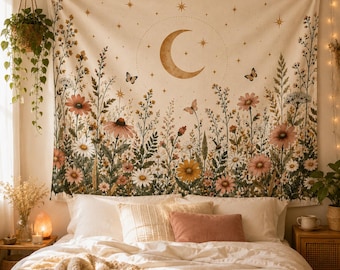 Gobeläng med vildblommor och månen, bohemisk blommig väggbonad, botanisk sovrumsdekor i Cottagecore, väggkonst med himmelska blommor, gobeläng med älvmotiv i studentrummet