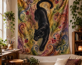 Svart panter-gobeläng, bohemisk blommig vildkatt-väggbonad, stugfärgad nyckelpiga-dekor, gotisk djungelkonst, eklektisk rumsdekor, present till henne, konst