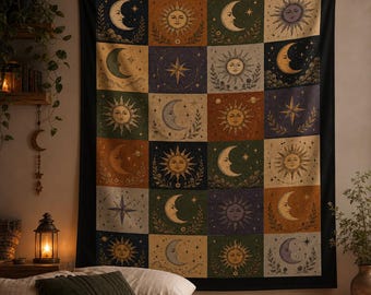 Gobeläng med lapptäcke, vintage astrologi, väggbonad med bohemisk häxig rumsdekor, mystiska stjärnor, sovrum, studentrum, väggkonst, mörk gobeläng