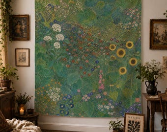 Vintage turkosgrön botanisk gobeläng, japansk Wabi Sabi väggbonad, abstrakt dekor med vildblomsäng, solrosträdgård sovrumsväggkonst