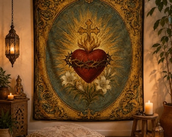 Arazzo del Sacro Cuore, arazzo cattolico vintage da parete, arte religiosa cristiana da parete, decorazione gotica barocca a forma di cuore di Gesù, regalo per la stanza della preghiera