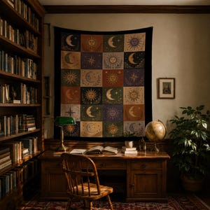 May include: A tapestry featuring a celestial design of moons and suns in a grid pattern hangs above a wooden desk. The desk is in a room with bookshelves and a globe. The tapestry has a black border and a variety of colors.