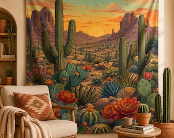 Gobeläng med ökenkaktus, väggbonad med sydvästlig solnedgång, väggkonst med saguarolandskap, boho västerländsk sovrumsdekor, Arizona heminredningsgåva