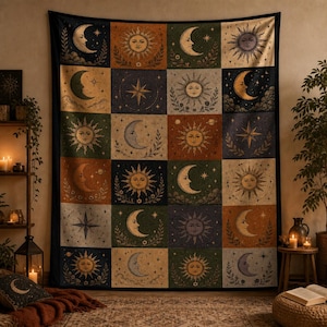 May include: A large tapestry featuring a celestial design with suns, moons, and stars in a patchwork pattern. The color palette includes shades of brown, green, and gold. The tapestry is rectangular and hangs on a wall.