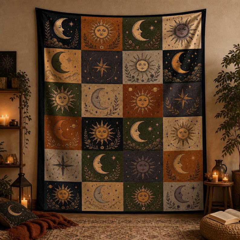 May include: A large tapestry featuring a celestial design with suns, moons, and stars in a patchwork pattern. The color palette includes shades of brown, green, and gold. The tapestry is rectangular and hangs on a wall.