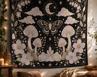 Gobeläng med svampmal och måne, häxig Cottagecore-väggbonad, svart botanisk blomsterdekor, Celestial Fairycore-sovrumskonst i studentrummet, hippiedekor