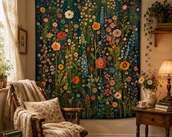 Mörkblå vildblommig gobeläng, färgglad väggbonad med botanisk äng, blommig sovrumsdekor i Cottagecore, vintage naturträdgårdsväggkonst