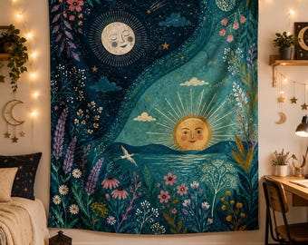 Celestial Sun Moon Tapestry, Boho Floral Wall Hanging, Mystic Night Sky Tapestry, Sun and Moon Room Decor, Witchy Botanical Bedroom Decor