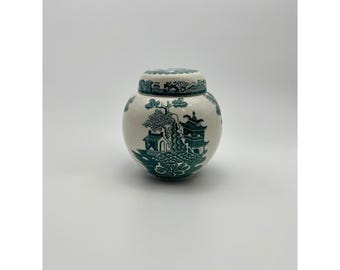 Masons Patent Ironstone Green Willow Ginger Jar Vintage England Transferware