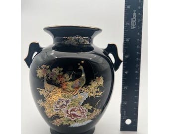 Vintage Japanese Black Porcelain Peacock Vase Gold Gilt Double Handle 6.25in