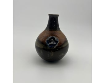 Studio Pottery Bud Vase Signed Handcrafted Brown Blue Triangle Symbol 5.25"