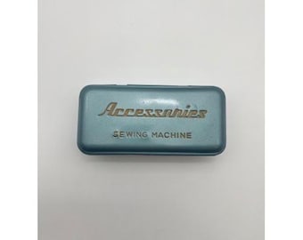 Vintage Sewing Machine Accessory Kit Metallic Blue Tin Bobbins Feet Needles