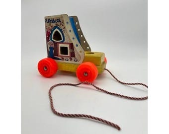 Vintage Playskool Wood Plastic Boot House Pull Toy Orange Wheels Retro Nursery