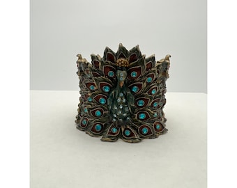 Jeweled Peacock Votive Candle Holder Gold Tone Enamel Rhinestone Floral Decor