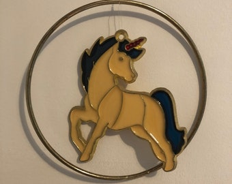 brass unicorn brass hoop stained glass window vintage unicorn suncatcher stained glass unicorn brass horse 80s girls decor