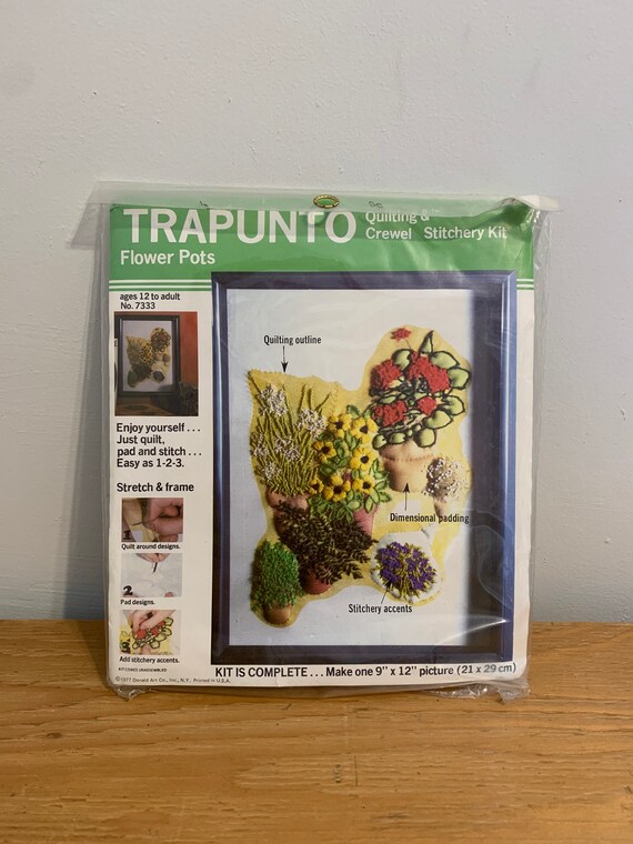 vintage Trapunto Stitchery Kit - Flower Pots No 7333 - Quilting and Crewel Stitchery Kit - new unused kit - plant crewel and embroidery